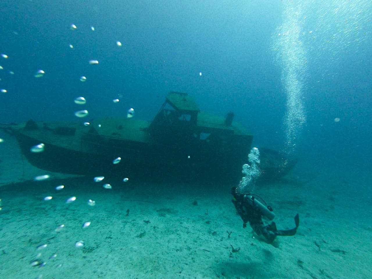 Diver exploring a sunken boat wreck